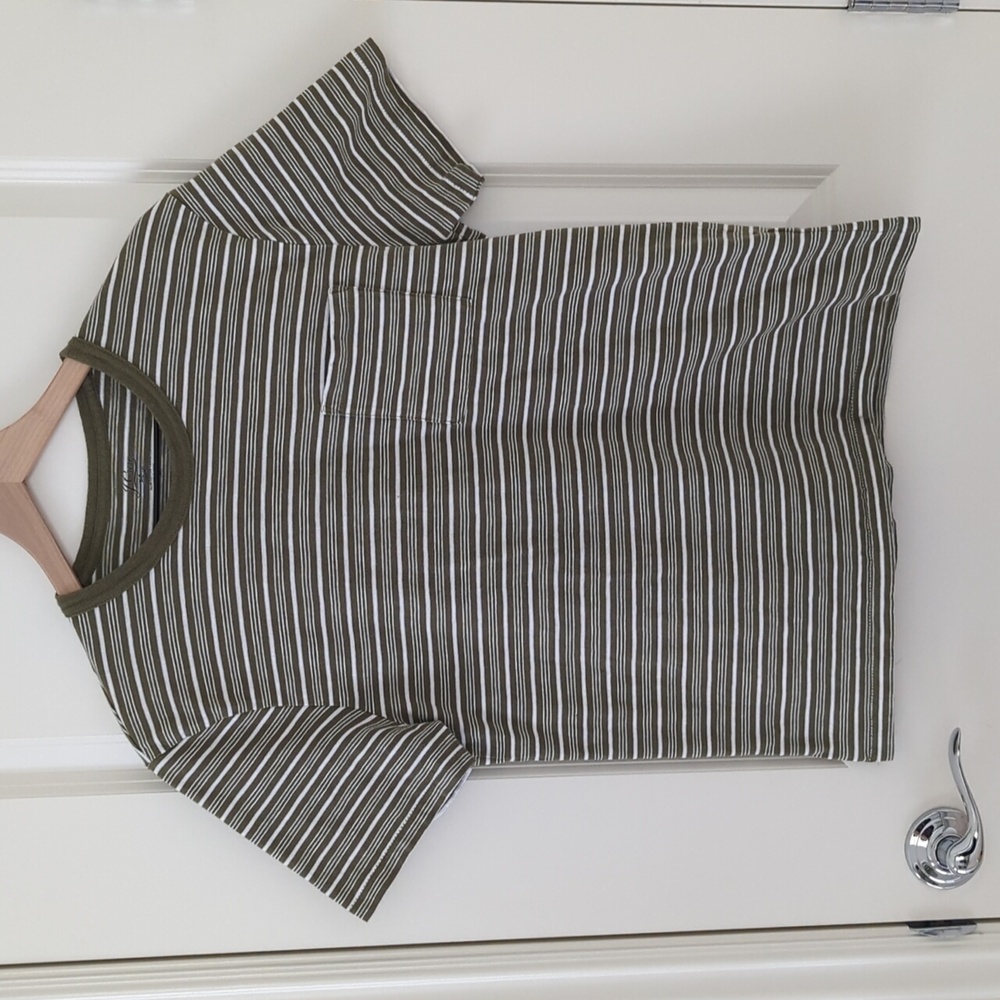 J Crew Men Slub Cotton Stripe Pocket Tee Olive Green